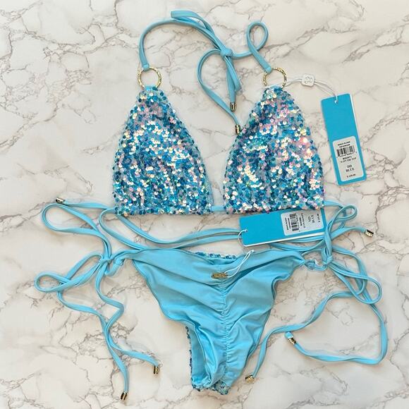 Beach Bunny Blue Icon Triangle Top & Icon Tie Side Skimpy Bottom $250 - Picture 12 of 12